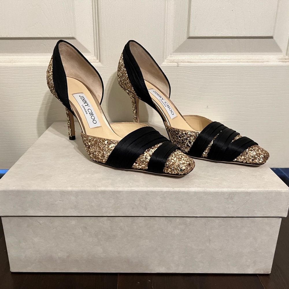 Jimmy Choo Lyrin 85MM Goldie Black Heels Size 35.5
